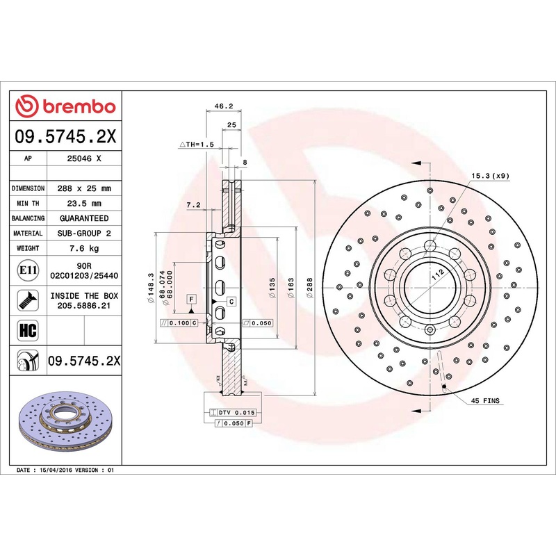 XTRA Drilled Front Disc Brake Rotor – 09.5745.2X