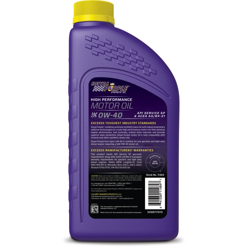 Royal Purple Premium Synthetic High Performance Euro Formula 0W-40 Motor Oil – 1 Quart