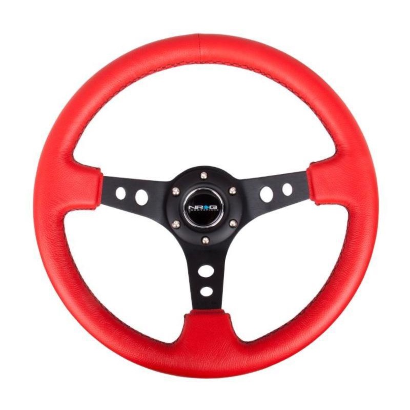 NRG Reinforced Steering Wheel (350mm / 3in. Deep) Red Leather/Blk Stitch w/Blk Spokes (Hole Cutouts)