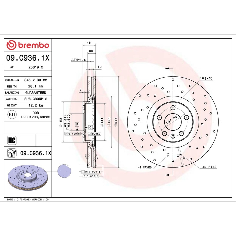 XTRA Drilled Front Disc Brake Rotor – 09.C936.1X