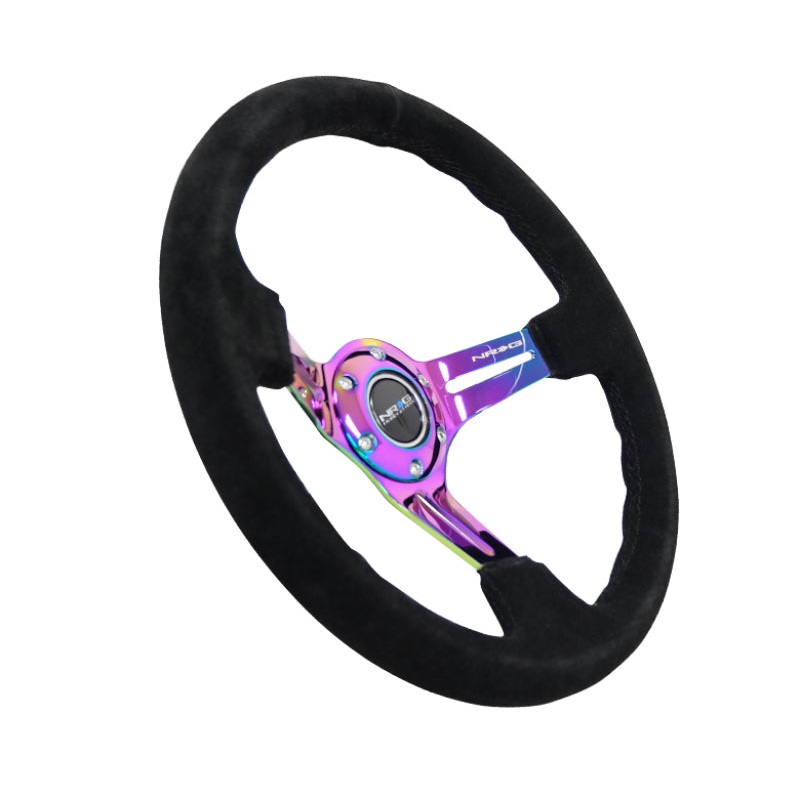NRG Reinforced Steering Wheel (350mm / 3in. Deep) Blk Suede/Blk Stitch w/Neochrome Slits