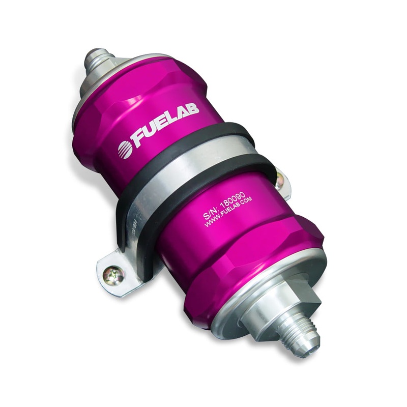 Fuelab 818 In-Line Fuel Filter Standard -8AN In/-10AN Out 6 Micron Fiberglass – Purple