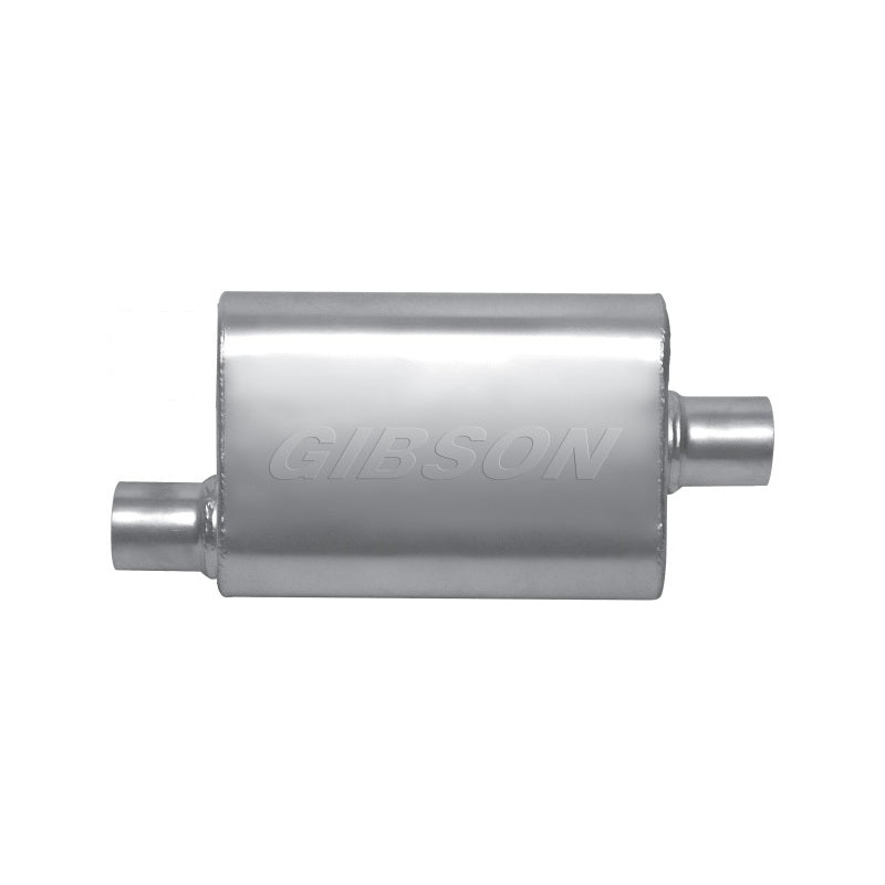 Gibson MWA Superflow Offset/Center Oval Muffler – 4x9x14in/2.25in Inlet/2.25in Outlet – Stainless