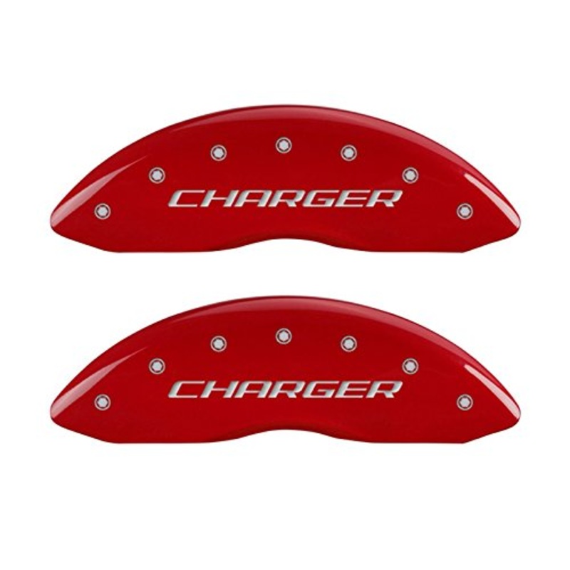 MGP Caliper Covers 12162SCHBRD Red Brake Covers Fits 2011-2020 Dodge Charger (Dual Piston Front Caliper) Engraved with Charger (Block) Front/Rear Covers; Set of 4