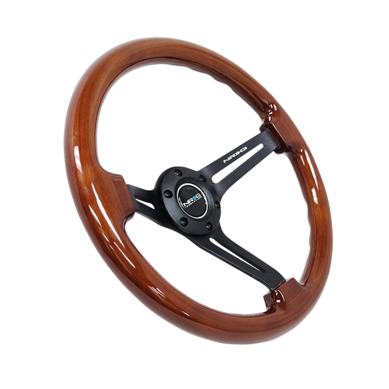NRG Reinforced Steering Wheel (350mm / 3in. Deep) Brown Wood w/Blk Matte Spoke/Black Center Mark