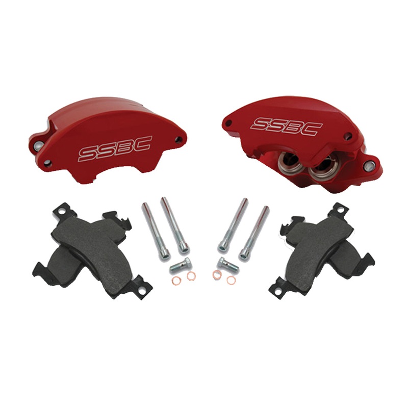 American Made Super Twin 2-Piston Billet Aluminum Quick Change Front Caliper Upgrade Kit W/Performance Pads. Red Part#  A185R