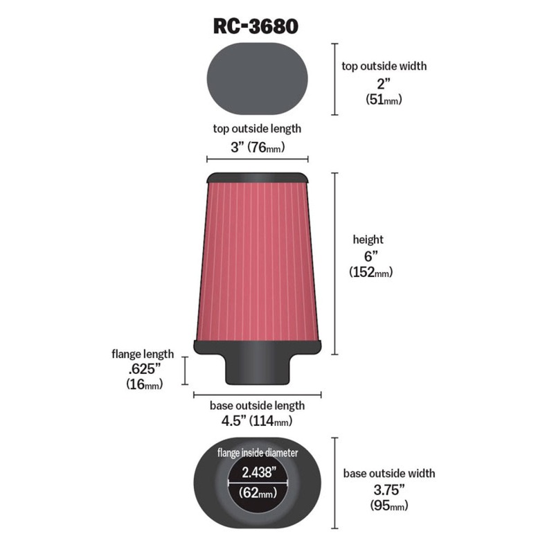 K&N Universal Clamp-On Air Filter 2-7/16in Flange 4-1/2×3-3/4in Base 3x2in Top 6in Height