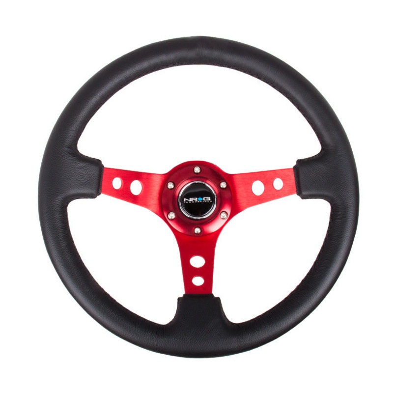 NRG ST-006 Series Steering Wheel (3″ Deep) Black Leather, Red 3 Spoke (350mm)