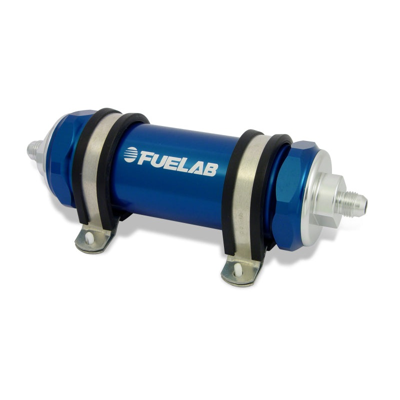 Fuelab 828 In-Line Fuel Filter Long -10AN In/-6AN Out 100 Micron Stainless – Blue