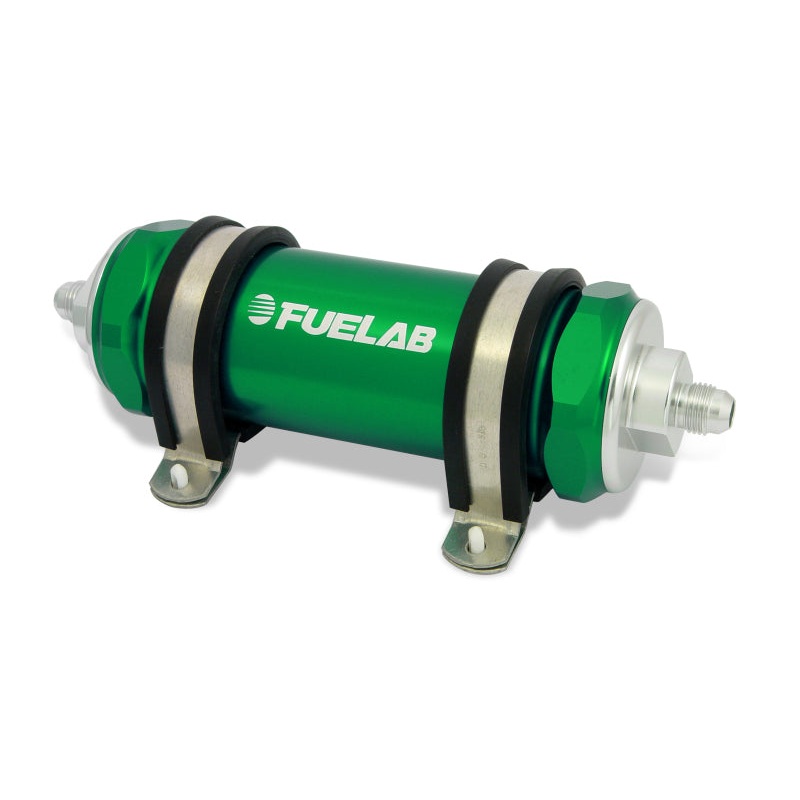 Fuelab 828 In-Line Fuel Filter Long -6AN In/Out 10 Micron Fabric – Green