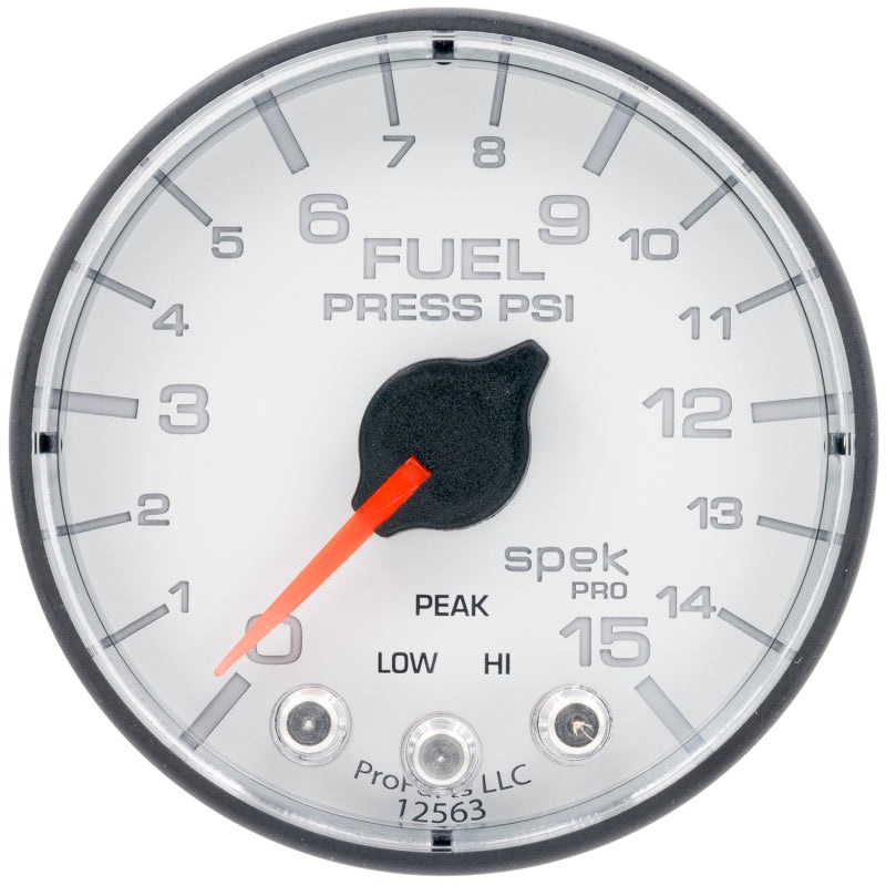 Autometer Spek-Pro Fuel Pressure Gauge 2 1/16in 15psi Stepper Motor W/Peak & Warn White / Black Universal | P315128