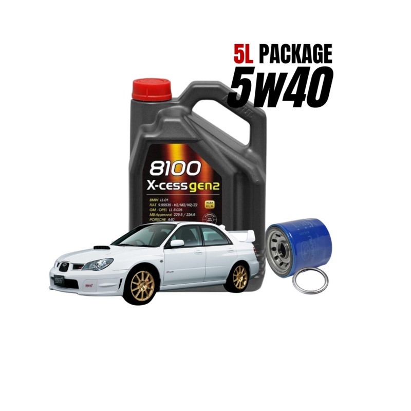 04-21 Subaru STI 5w40 Oil Change Package Also Fits 02-14 WRX, 04-13 Forester XT, 05-09 Outback XT, 05-12 Legacy GT, 03-06 Baja Turbo | Motul 8100 X-Cess Gen 2 5 Liter