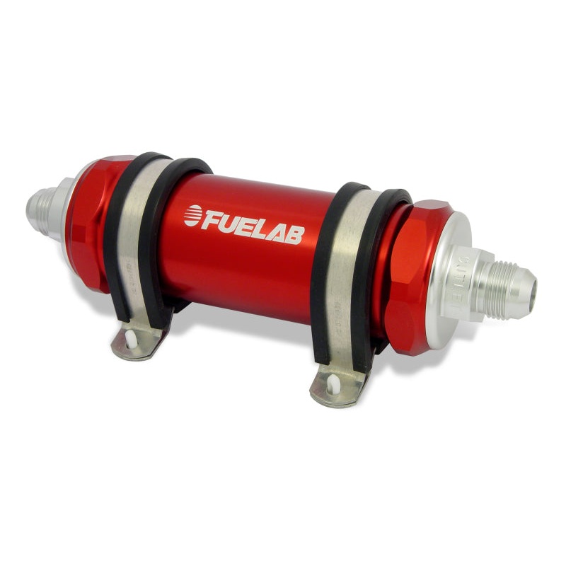 Fuelab 828 In-Line Fuel Filter Long -8AN In/Out 6 Micron Fiberglass – Red